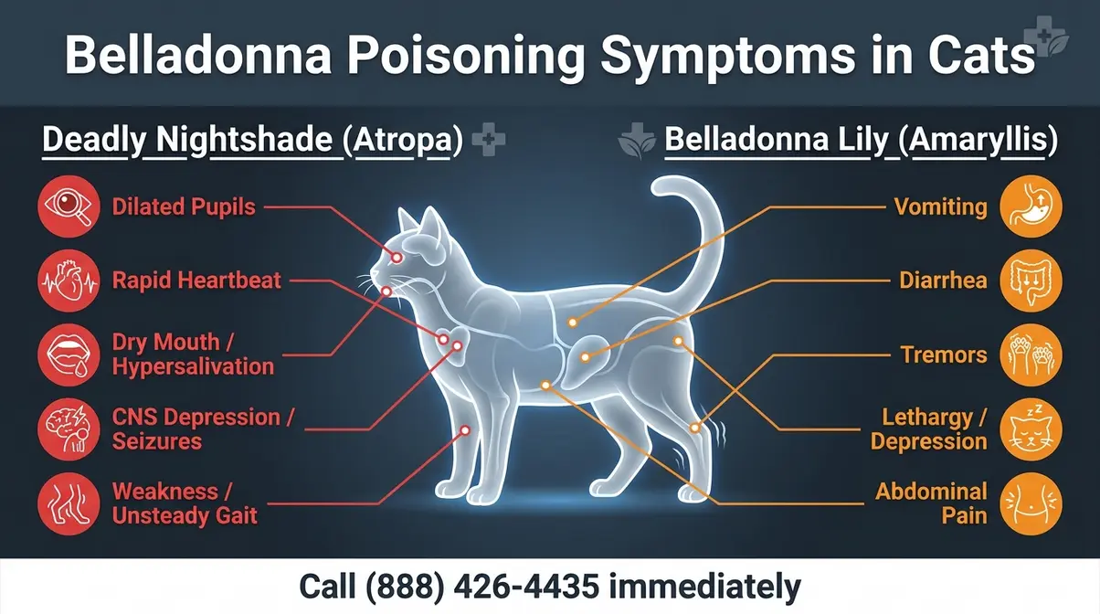 Belladonna toxic to cats symptom chart comparing Atropa and Amaryllis poisoning signs by body region