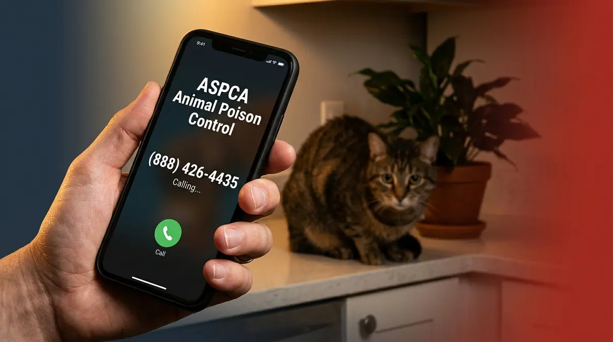 Person calling ASPCA poison control on smartphone with cat visible in background after plant ingestion