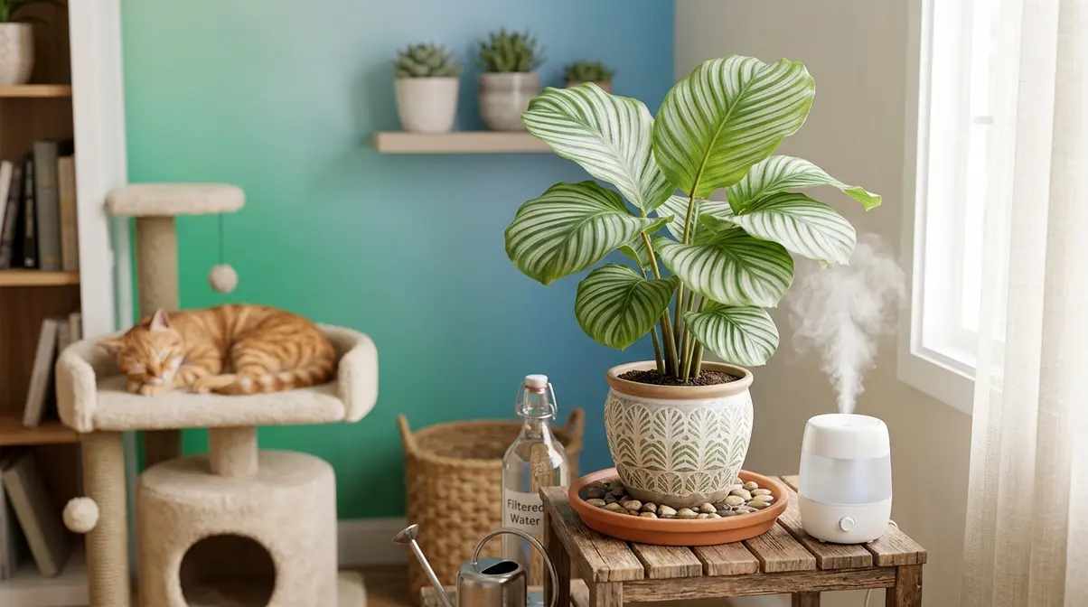 Thriving Calathea plant on a stand with humidifier and pebble tray beside a sleeping cat