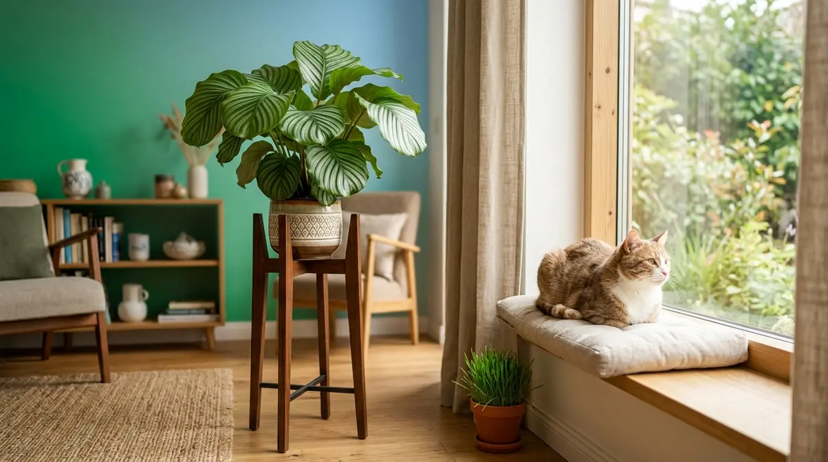 Happy cat on window perch coexisting peacefully with a healthy Calathea plant on a tall stand