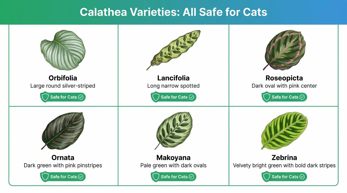 Calathea variety safety chart showing all six popular calathea types are safe for cats