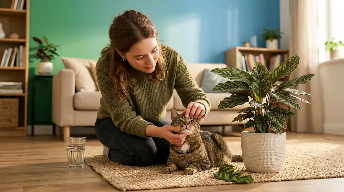 Cat owner calmly checking their cat after it nibbled a Calathea plant leaf