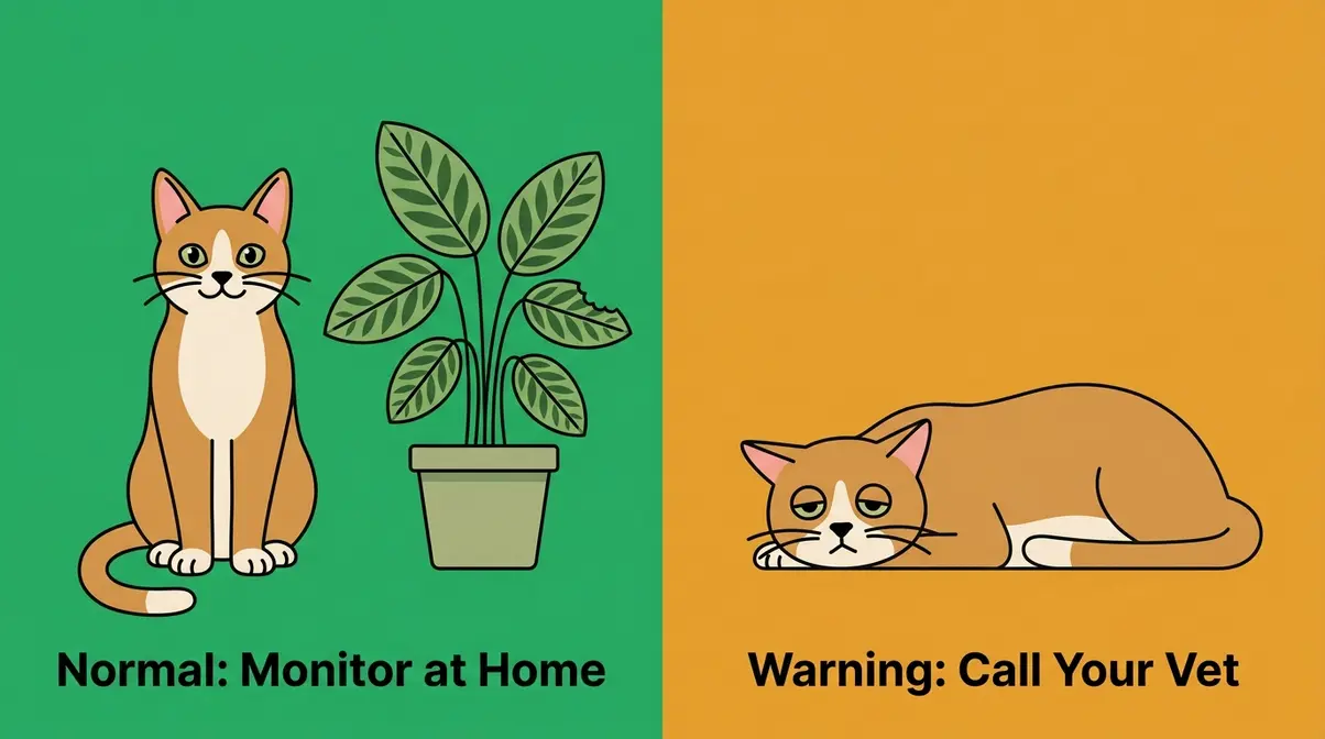 Split illustration showing harmless cat nibbling symptoms versus warning signs requiring vet care