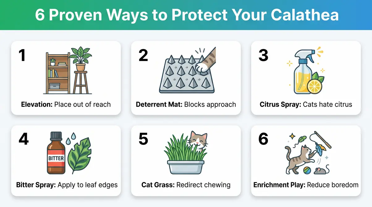 Six proven methods to deter cats from chewing Calathea plants shown as numbered infographic