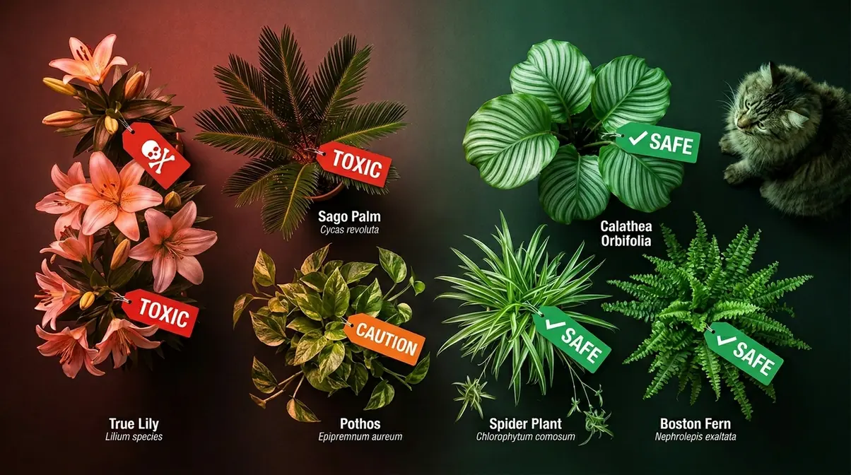 Comparison of toxic houseplants like lilies and sago palm versus safe calathea and spider plant for cats