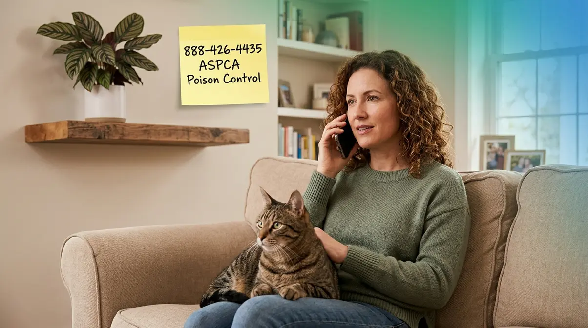 Cat owner calmly calling the vet while healthy cat sits on their lap after plant nibbling
