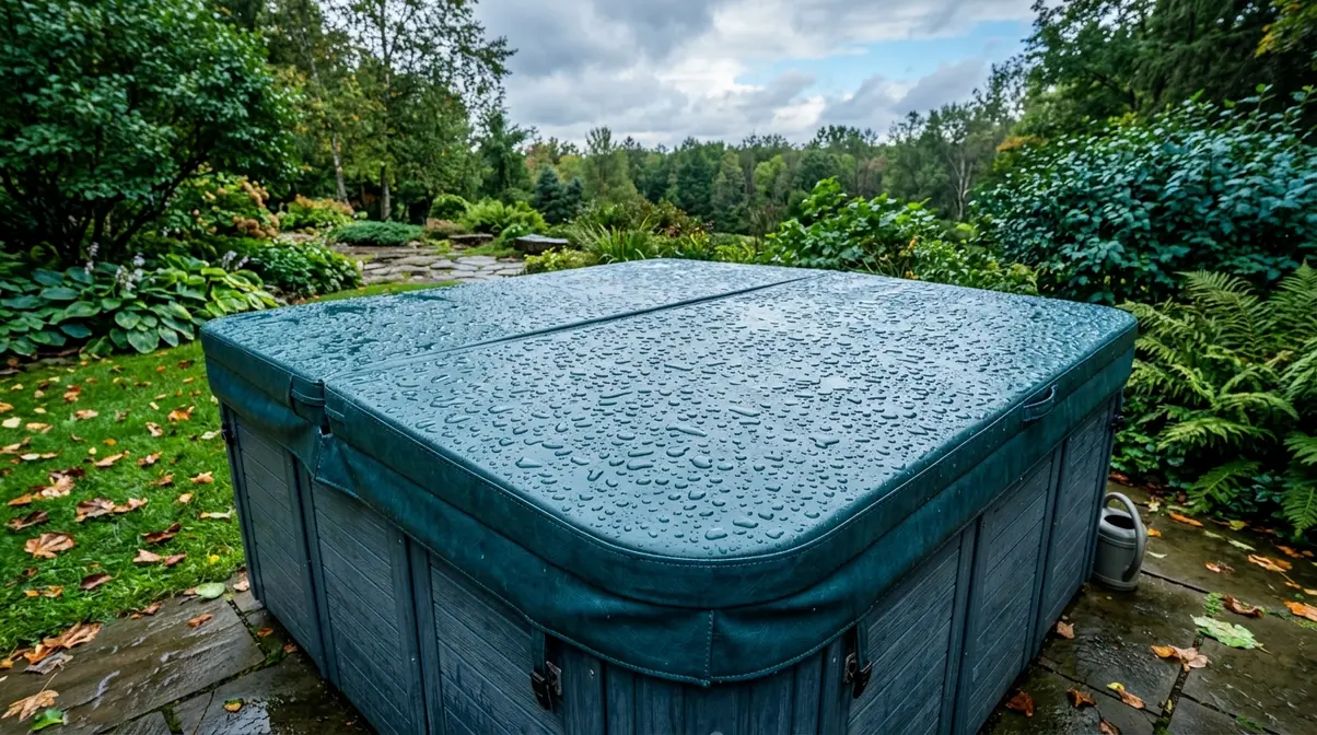 Is It Safe to Use a Hot Tub in the Rain? Full Guide 8 Hot tub with closed vinyl cover after a rainstorm, water beading off the surface in a wet garden
