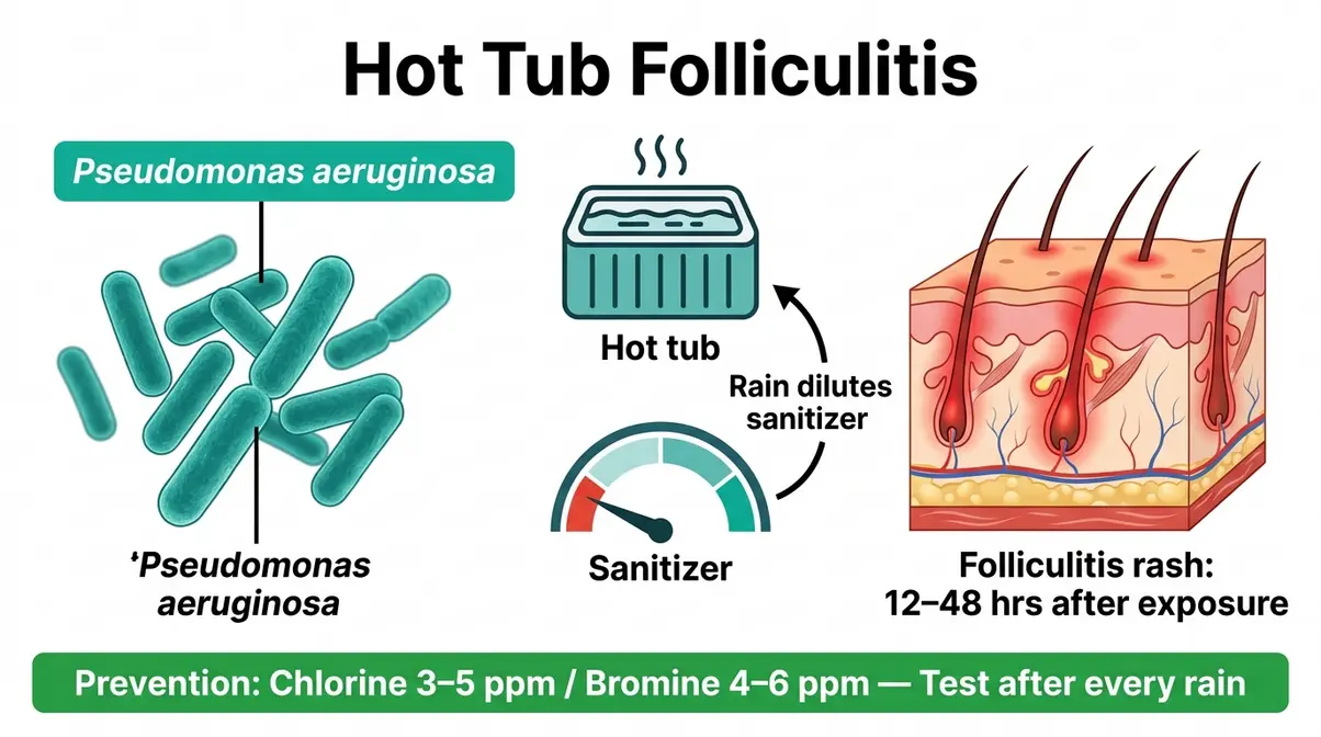 Is It Safe to Use a Hot Tub in the Rain? Full Guide 10 Infographic showing Pseudomonas aeruginosa bacteria causing hot tub folliculitis when rain dilutes sanitizer levels