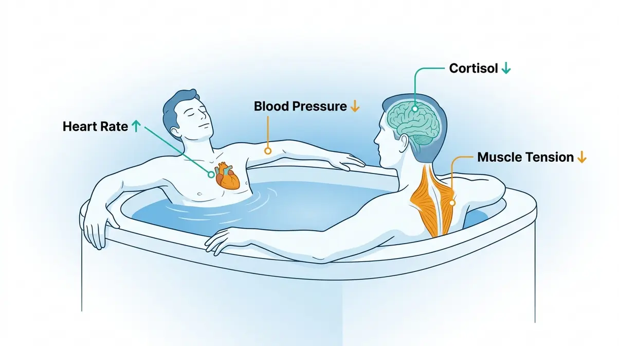 Is It Safe to Use a Hot Tub in the Rain? Full Guide 9 Health effects diagram of hot tub use showing heart rate, blood pressure, cortisol, and muscle tension impacts