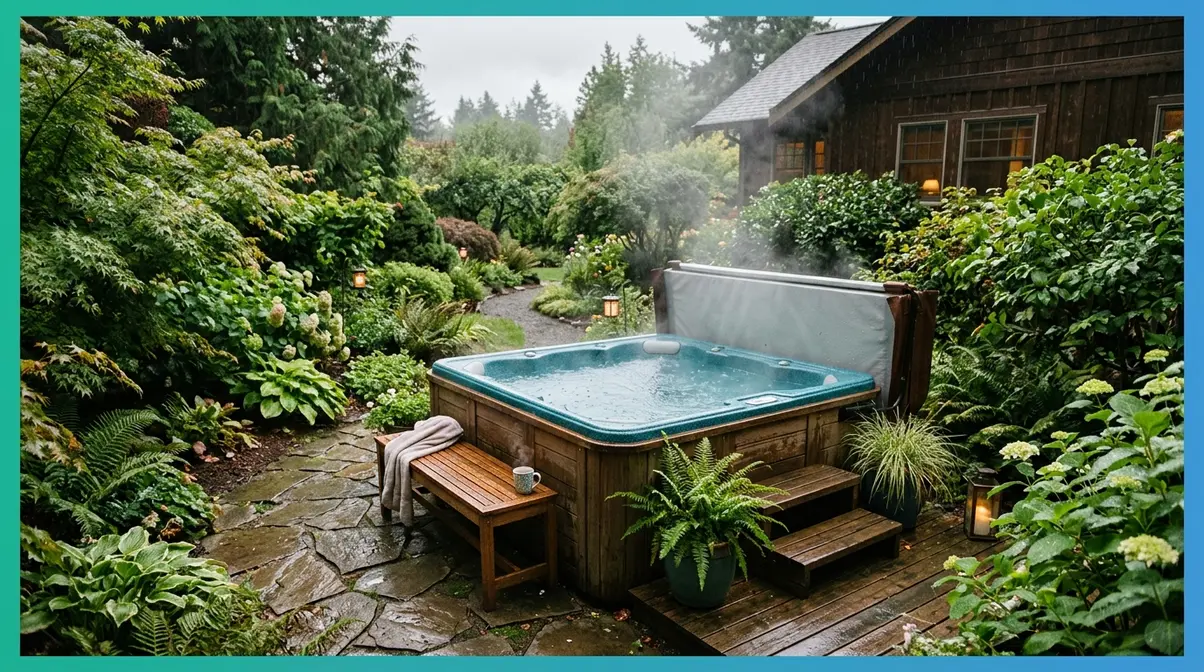 Is It Safe to Use a Hot Tub in the Rain? Full Guide 1 Outdoor hot tub steaming during light rain in a backyard garden with overcast sky and no lightning