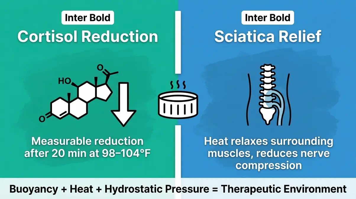 Is It Safe to Use a Hot Tub in the Rain? Full Guide 11 Split infographic showing hot tub benefits for cortisol stress reduction and sciatic nerve pain relief