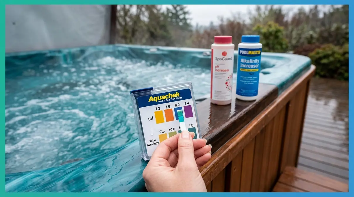 Is It Safe to Use a Hot Tub in the Rain? Full Guide 5 Person testing hot tub water pH with test strip after rain, comparing results to color chart at tub edge