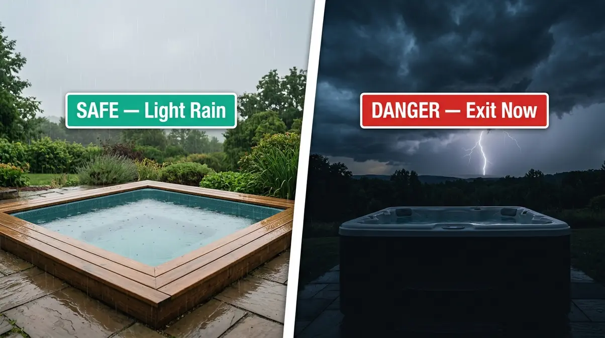 Is It Safe to Use a Hot Tub in the Rain? Full Guide 2 Split image comparing safe light rain hot tub conditions on left versus dangerous lightning storm on right