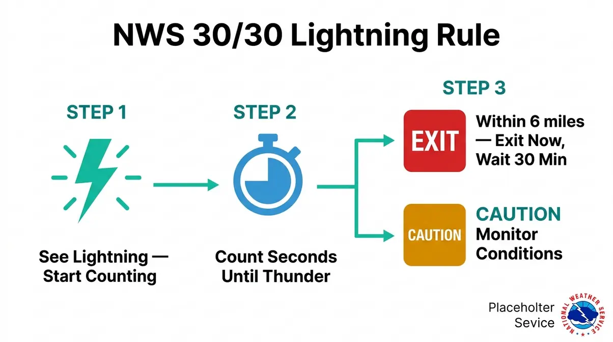 Is It Safe to Use a Hot Tub in the Rain? Full Guide 3 Three-step diagram explaining the NWS 30/30 Lightning Rule for hot tub safety with exit and wait instructions