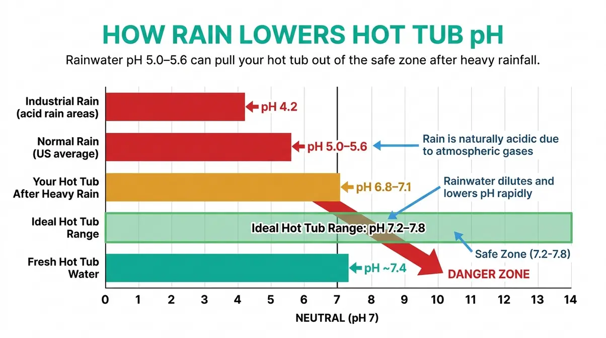 Is It Safe to Use a Hot Tub in the Rain? Full Guide 6 Bar chart showing rainwater pH impact on hot tub water chemistry with ideal pH range highlighted in green