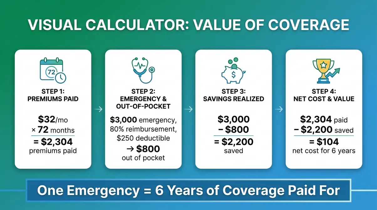 Visual calculator infographic showing four-step break-even calculation for cat insurance premiums versus emergency vet costs