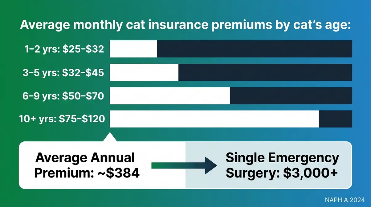 Bar chart showing average monthly cat insurance premiums by age compared to emergency vet surgery costs