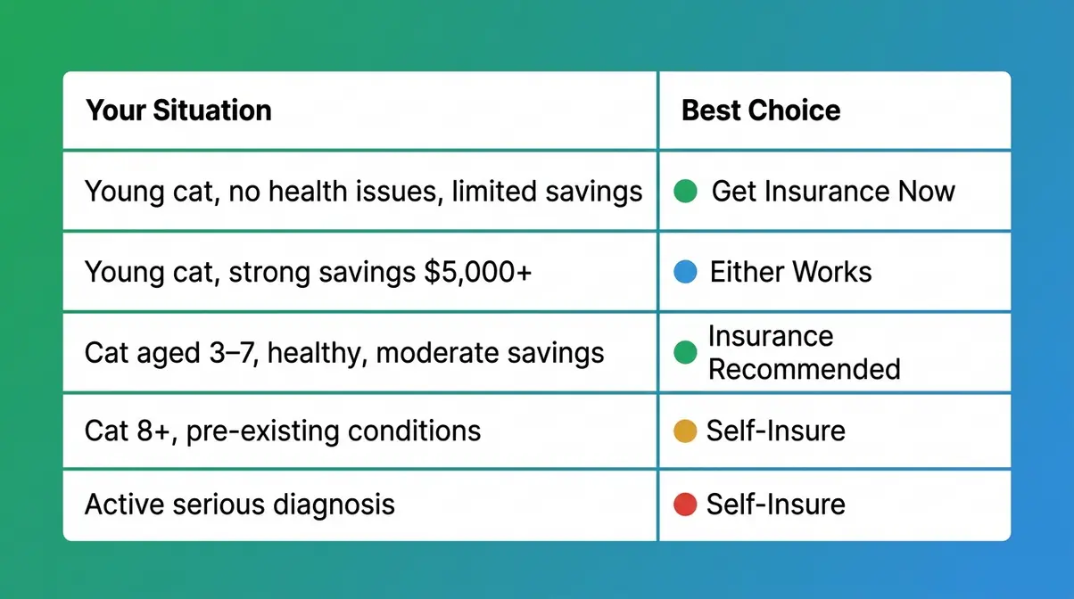 Decision framework table matching cat owner situations to best choice between pet insurance and self-insurance