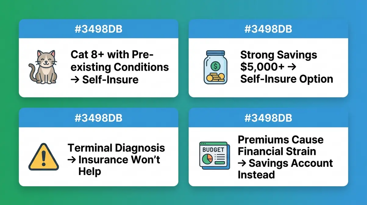 Four-card grid showing scenarios where cat insurance is not worth it including senior cats and strong savings