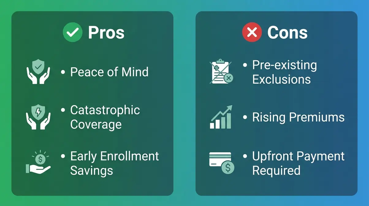 Split illustration showing pros and cons of cat pet insurance including coverage benefits and exclusion limitations