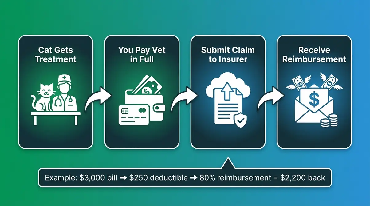 Step-by-step process diagram showing how cat insurance reimbursement works from vet visit to payment received