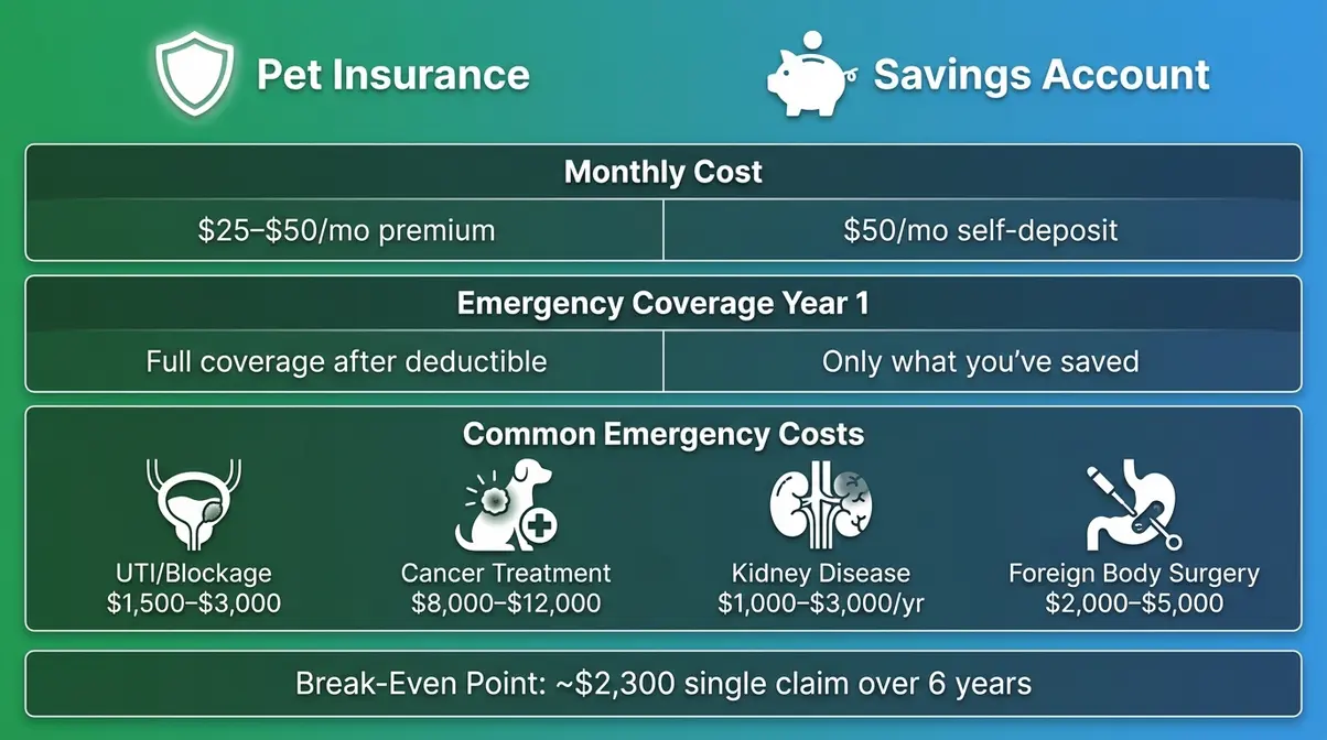 Infographic comparing cat insurance monthly premiums against emergency vet bill costs for common feline conditions