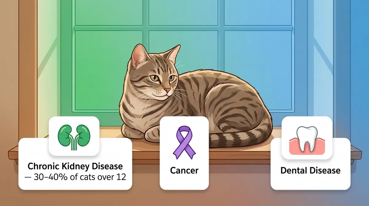 Indoor cat on window ledge with health risk icons showing kidney disease cancer and dental disease conditions