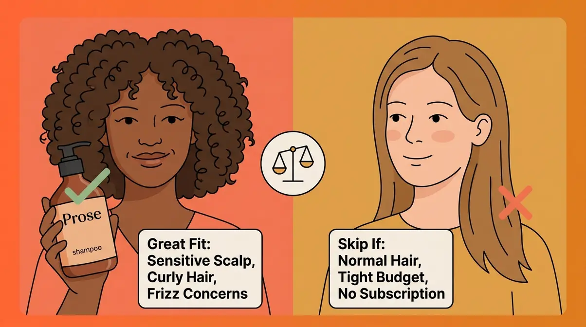 Split illustration showing ideal Prose hair care users with curly sensitive scalp hair versus those who should skip with normal easy-to-manage hair