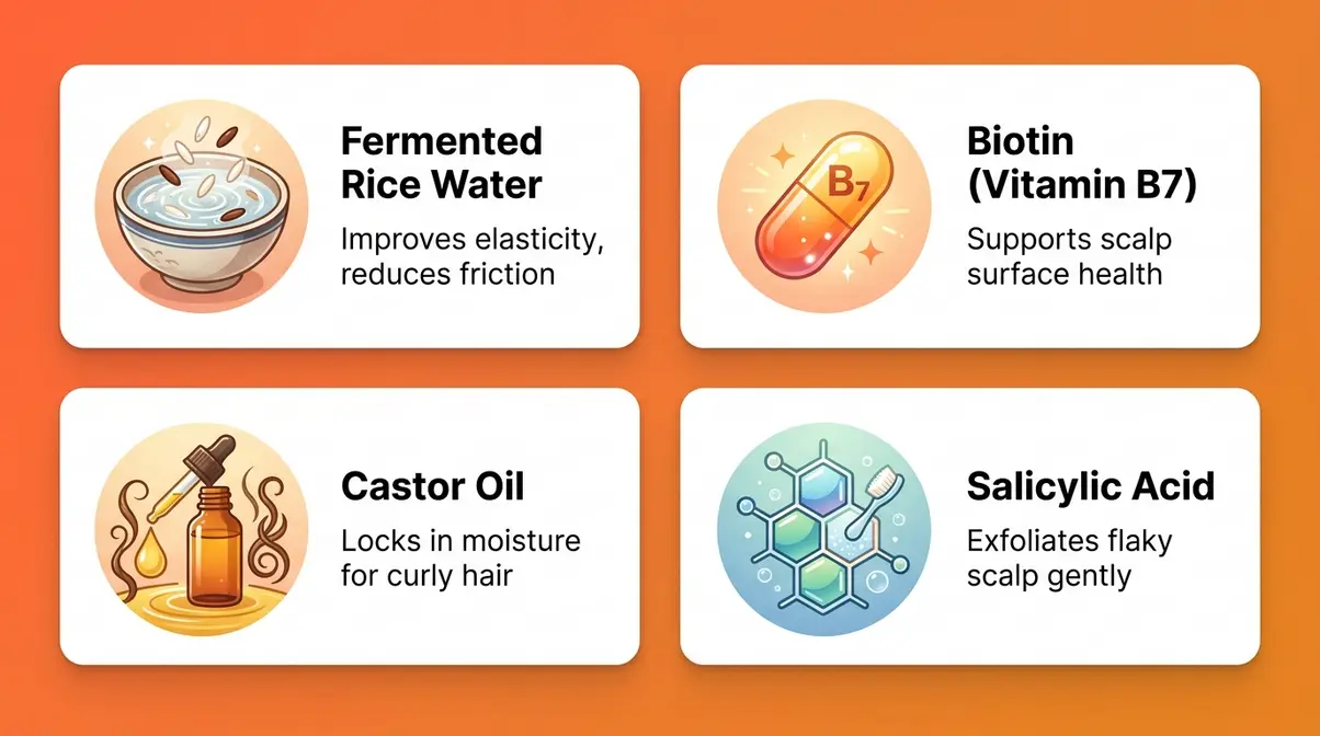 Illustrated ingredient card grid showing fermented rice water, biotin, castor oil, and salicylic acid with hair benefits