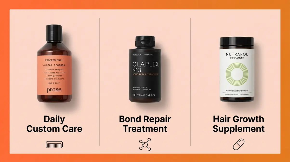 Side by side comparison of Prose custom hair care Olaplex bond repair and Nutrafol hair growth supplement products