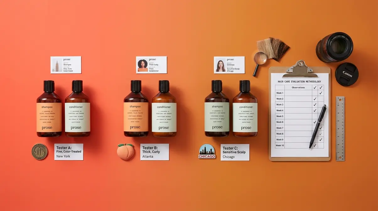 Three Prose hair care testing sets arranged for six-month evaluation across fine color-treated curly and sensitive scalp hair types