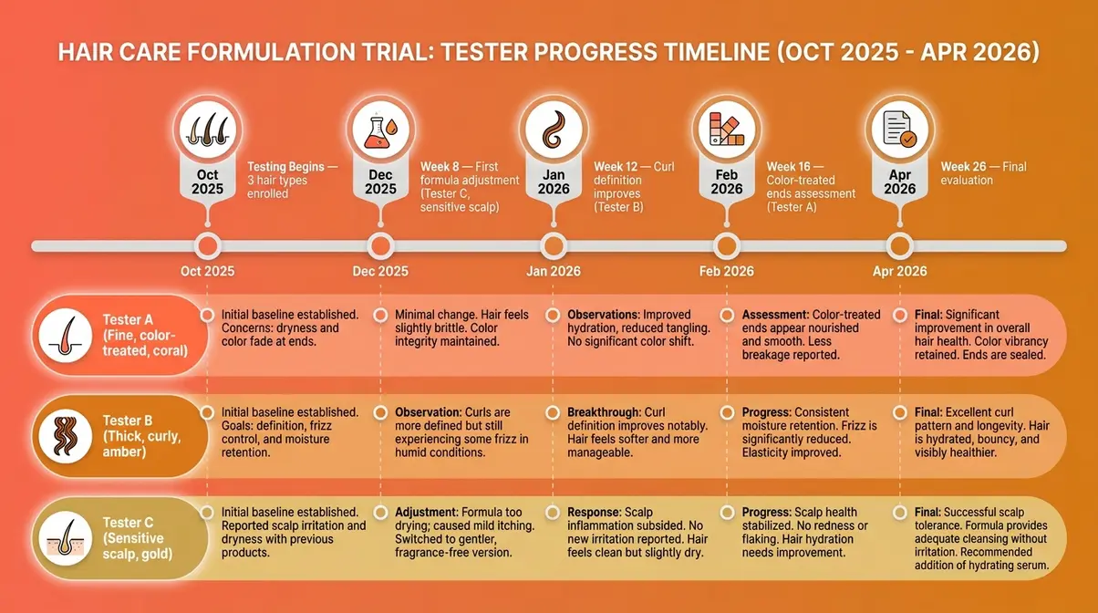 Horizontal timeline infographic showing Prose hair care testing milestones across three hair types over six months