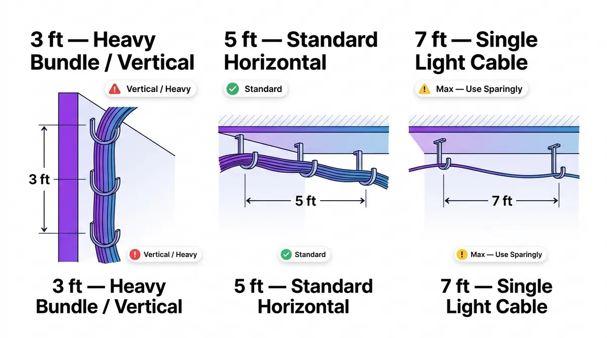 3-5-7 rule cable spacing diagram showing 3-foot, 5-foot, and 7-foot J-hook intervals for different cable run conditions