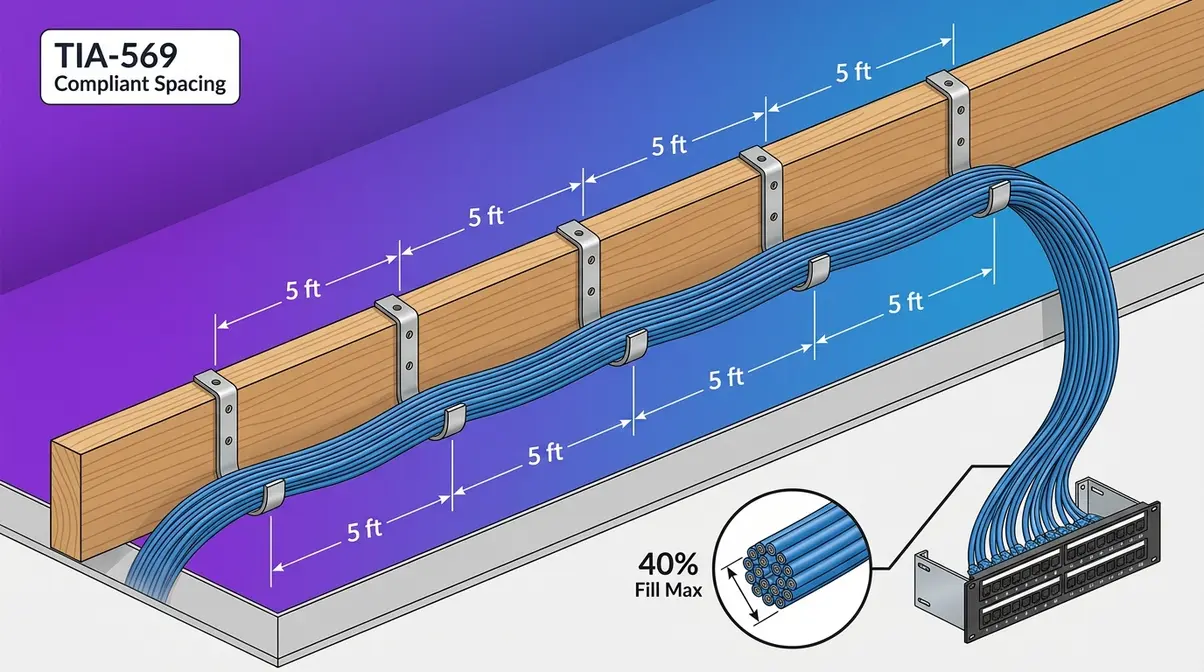 Cable management J-hook brackets spaced at 5-foot intervals on ceiling joist supporting bundled Cat6 network cables