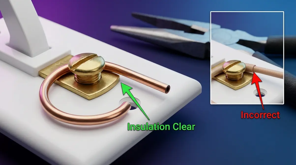 Clockwise J-hook wire loop correctly placed under brass terminal screw with insulation clear of the plate
