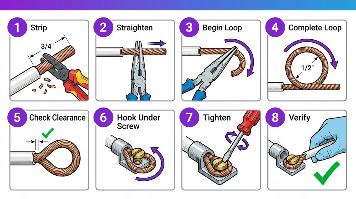 Step-by-step clockwise J-hook loop formation diagram for electrical terminal wiring