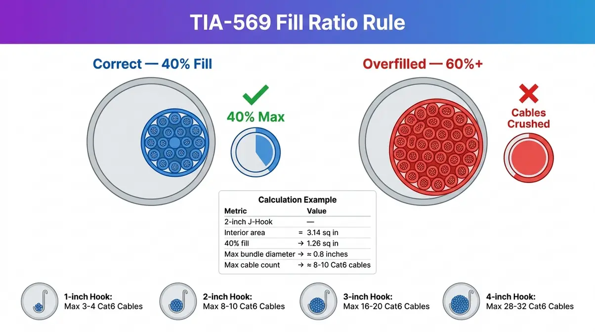 J-hook fill ratio infographic showing TIA-569 40% maximum fill rule with correct and overfilled examples