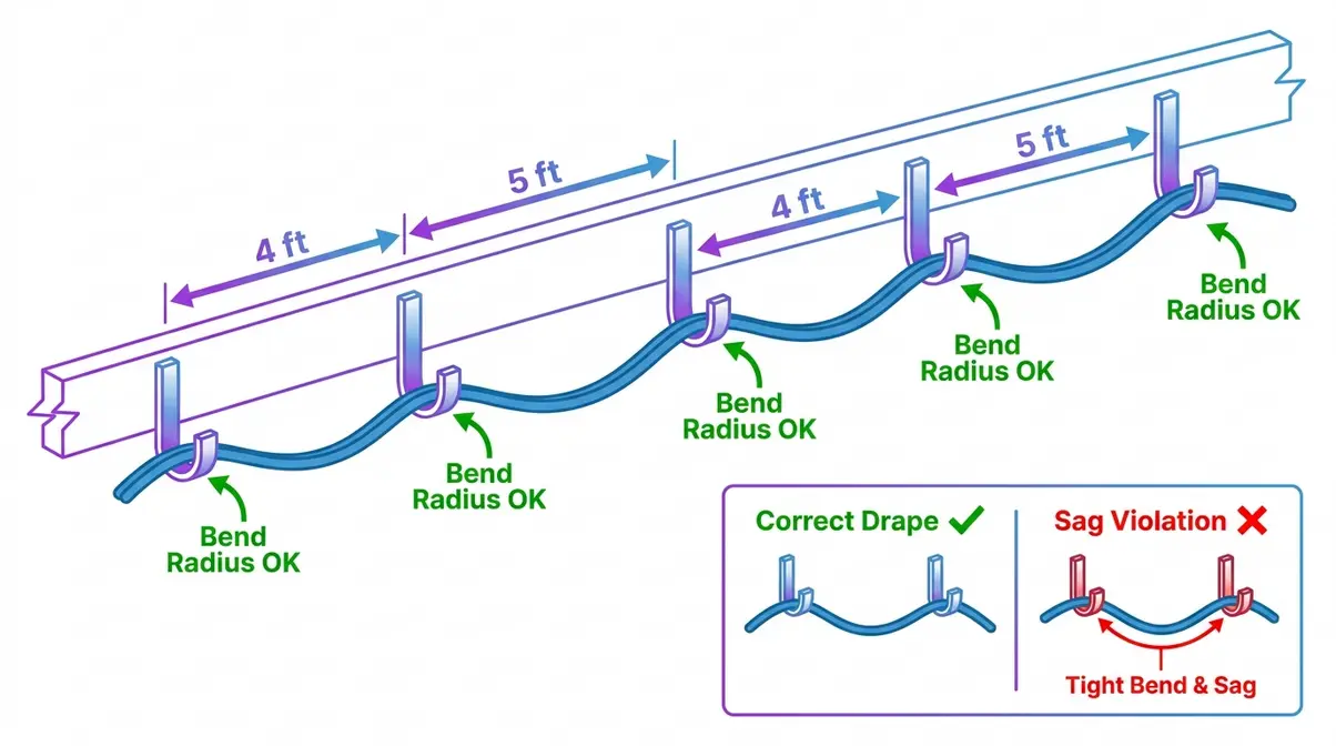 TIA-569 compliant J-hook spacing diagram showing 4-5 foot intervals with bend radius callouts for cable management