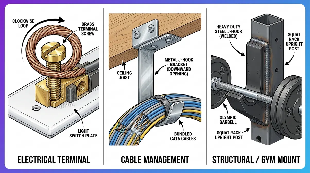 J-hook inner connection three context rule diagram showing electrical terminal, cable management bracket, and structural mount applications