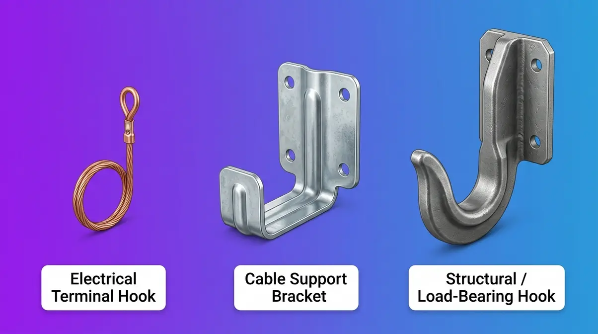 Three types of J-hooks shown side by side — electrical terminal loop, cable management bracket, and structural mount hook