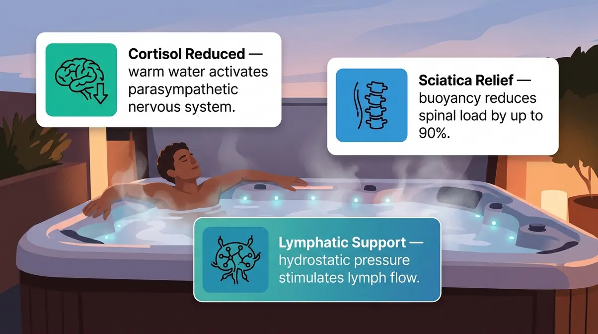 Jacuzzi vs. Hot Tub: What's the Real Difference? (2026) 5 Hot tub health benefits illustration showing cortisol reduction sciatica relief and lymphatic support with science callouts