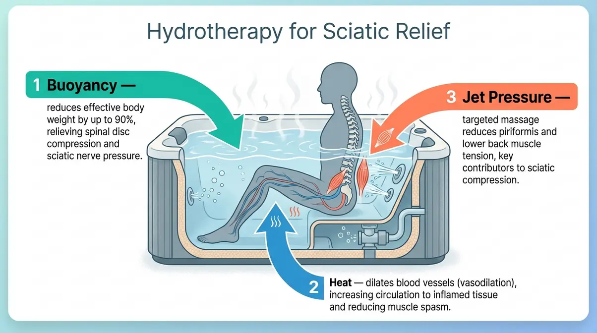 Jacuzzi vs. Hot Tub: What's the Real Difference? (2026) 6 Diagram showing how hot tub hydrotherapy helps sciatica and back pain through buoyancy heat and jet pressure