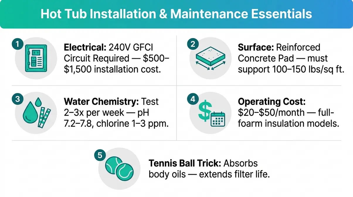 Jacuzzi vs. Hot Tub: What's the Real Difference? (2026) 7 Hot tub installation and maintenance checklist showing electrical requirements water chemistry and operating costs