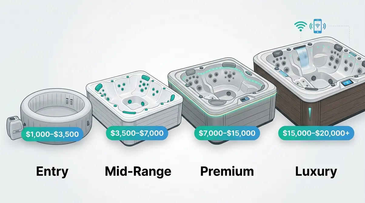 Jacuzzi vs. Hot Tub: What's the Real Difference? (2026) 1 Hot tub price tier comparison showing entry mid-range premium and luxury models side by side