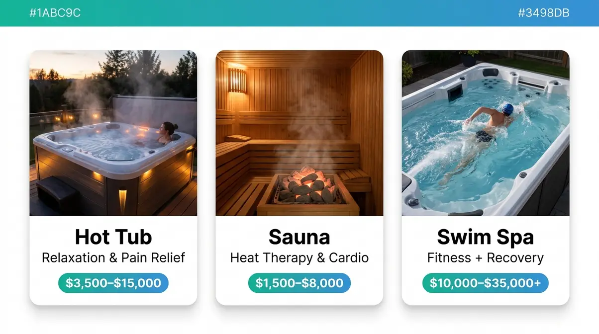 Jacuzzi vs. Hot Tub: What's the Real Difference? (2026) 3 Hot tub versus sauna versus swim spa comparison showing three wellness options with prices and use cases