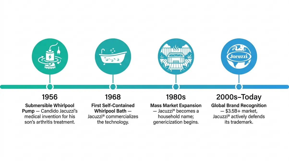 Jacuzzi vs. Hot Tub: What's the Real Difference? (2026) 4 Jacuzzi brand history timeline showing milestones from 1956 medical device to global household name
