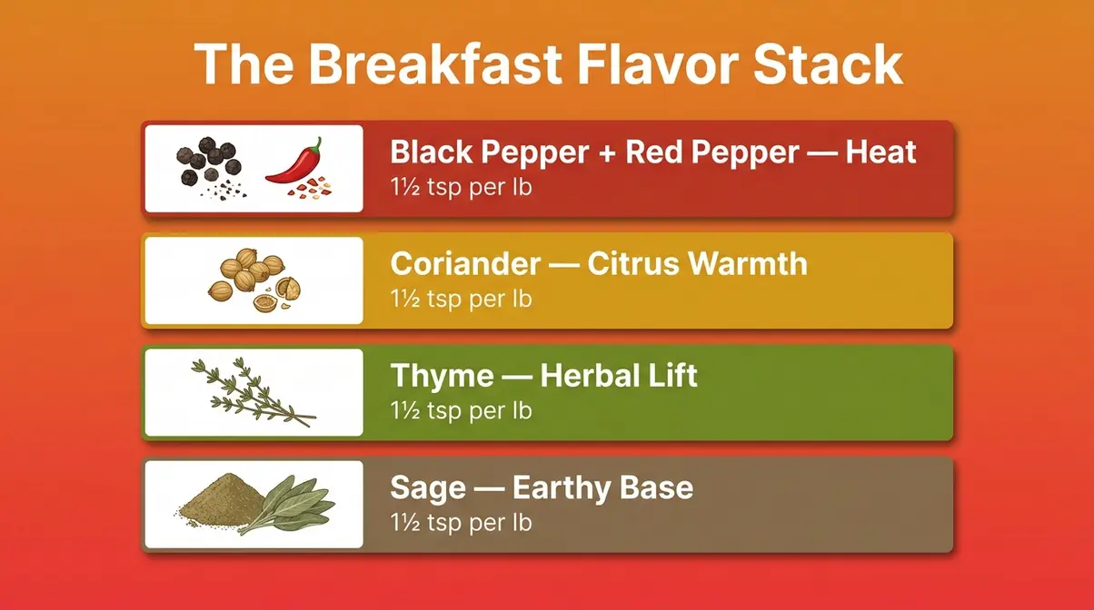 Jimmy Dean breakfast sausage seasoning recipe spice blend diagram showing sage thyme coriander and black pepper flavor layers