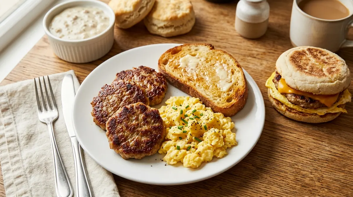 Homemade breakfast sausage patties served on classic breakfast plate with eggs toast and English muffin sandwich