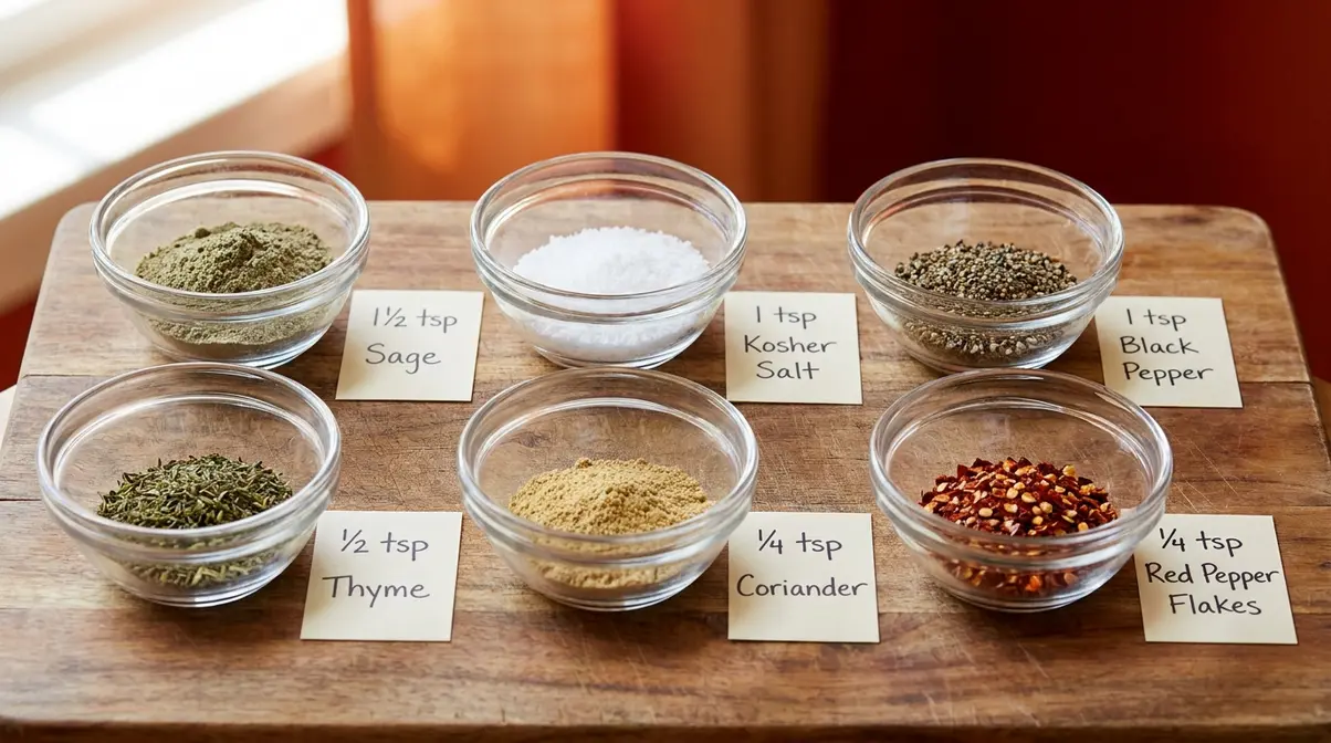 Measured spice blend for copycat Jimmy Dean breakfast sausage seasoning recipe in small prep bowls