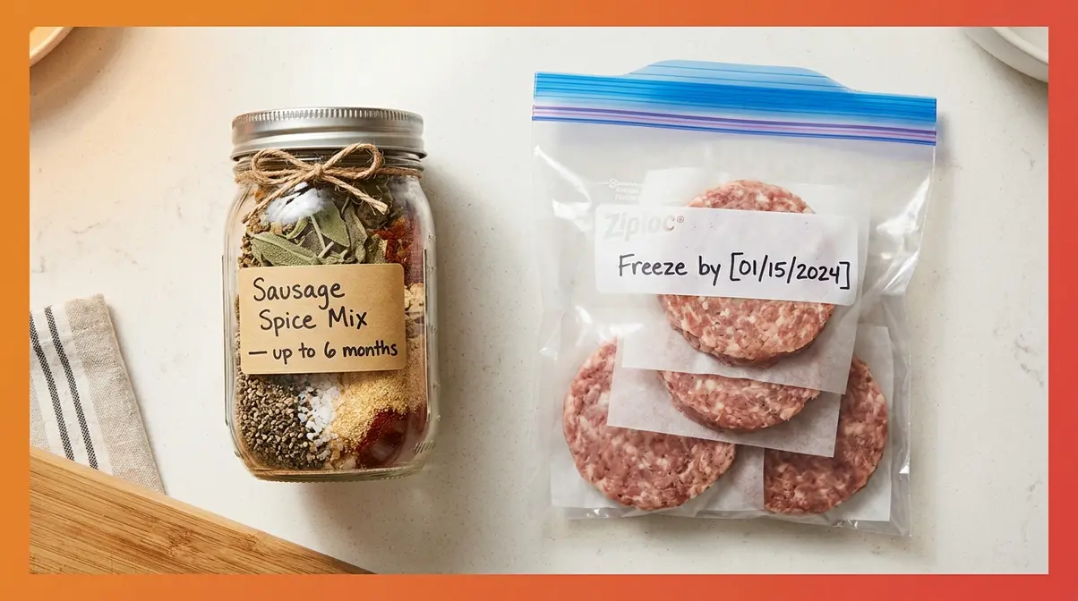 Homemade breakfast sausage make-ahead options showing dry spice jar and frozen patties in freezer bag